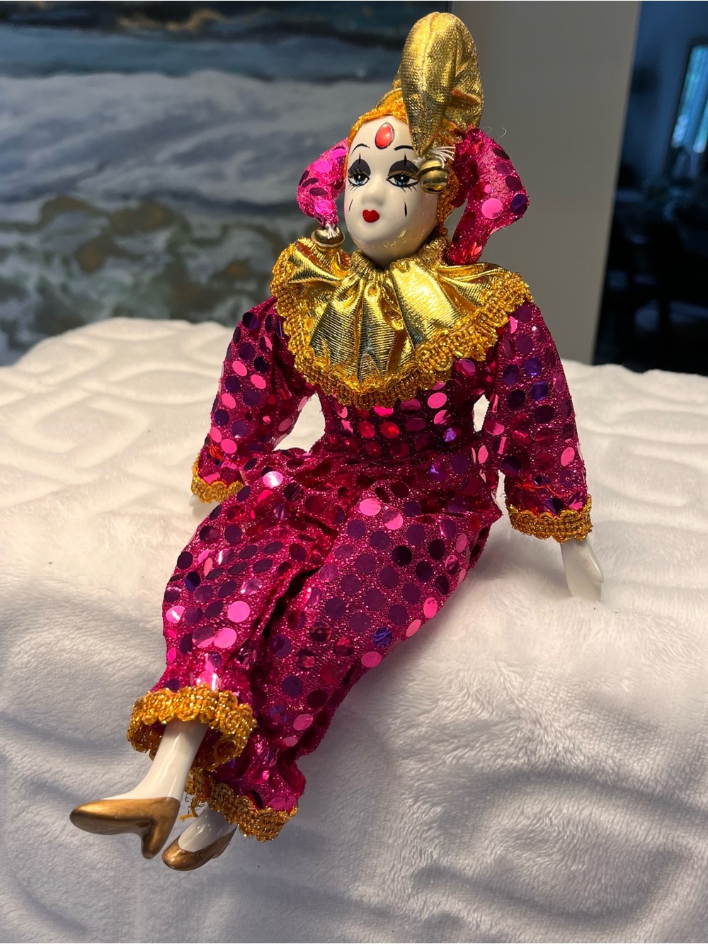 Pink Sequin Pierrot Clown Decorative Accent with Gold Trim